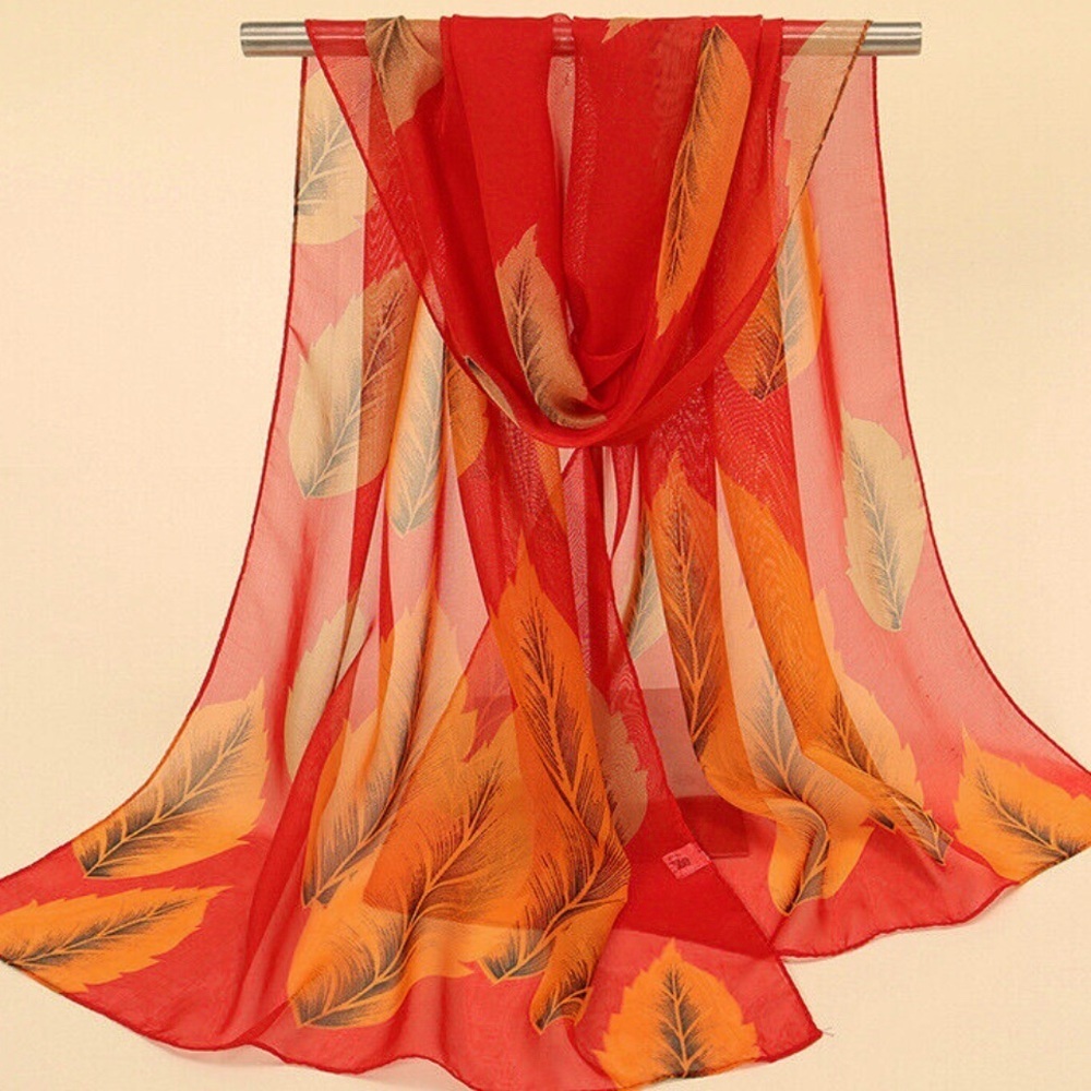 New Leaf motif scarf red and orange Chiffon